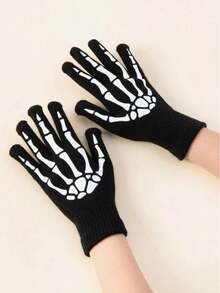 1 Pair Punk Gloves Unisex Halloween Skeleton Skull Half Finger Gloves Glow In The Dark Fingerless Stretch Knitted Mittens - Black and White - View 8