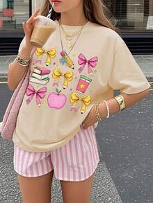 少女印花T恤，校园主题可爱宽松夏季款 - 杏色 - 查看 7