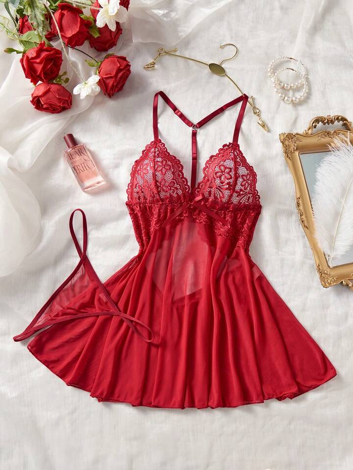 red lace night dress Red Valentine Lace Sheer Straps Nightgown