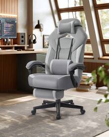Chaise de Jeu, Chaise d'Ordinateur, Ergonomique, avec Repose-Pieds, Coussin de Tête Ajustable, Support Lombaire, Capacité de Charge de 150 kg, Ardoise et Gris Tourterelle - Gris foncé - Voir 6