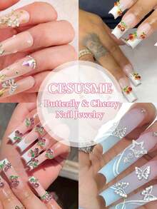 40个合金美甲饰品，银色金色3D蝴蝶、星星、樱桃、闪亮水钻美甲贴 - 彩色 - 查看 6