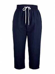 Pantalones capri casuales de mujer de unicolor con cordón y bolsillo - Azul Marino - Ver 4