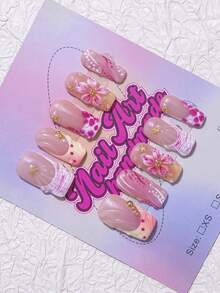 10Pcs Square-Shaped Diy Acrylic Nail Tips With French Edges, Floral, Faux Pearls, Stars & Metallic Liquid Elements, Y2K Baddie Style, In Nude, Pink, Gold, White Colors, Handmade Nail Art Set, Gift For Women & Girls, Party, Festival, Daily Wear, Comes With Tool Kit Press On Nails Nail Supplies Nails - Hot Pink - View 3