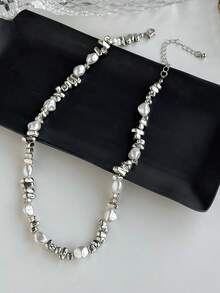 1 件时尚不对称仿珍珠锁骨链，简约扁平仿巴洛克串珠项链首饰，适合日常佩戴、音乐节和拍照 - 彩色 - 查看 6