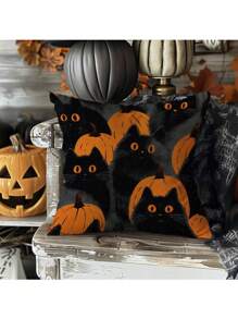 1 Stück/2 Stück Halloween Katzen- & Kürbis-Muster Polyester Kissenbezug [ohne Kissenfüllung], 45 x 45 cm/50 x 50 cm, [einseitiger Muster] Halloween Schwarze Katzen Kürbisse Dekorative Kissenbezüge für Sofa, Bett, Wohnzimmer, Schlafzimmer, Auto, Büro, Hotel, ganzjährig, perfektes Geschenk für Familie und Freunde