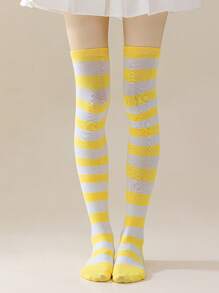 1 Pair Women Over Knee Socks, Cosplay Anime Character Uniform, Japanese Style Striped & Solid Thigh-High Stockings