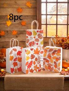4/8/12 حقيبة هدايا خريفية قابلة لإعادة الاستخدام - حقيبة ورق كرافت مع أنماط أوراق القيقب والقرع، تغليف هدايا موسمي وديكور عيد الحصاد، حقيبة تسوق لمراكز التسوق، حقيبة هدايا حلوى من الورق الكرافت مطبوع عليها أوراق القيقب - متعدد الألوان - مشاهدة 6