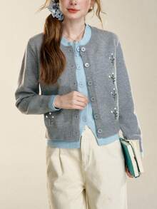 Women's Autumn/Winter Gentle Floral Embroidery Round Neck Sweater Cardigan, 2 In 1 Design - Grey - View 4