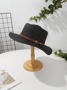 قبعة قش بوهيمية بإبزيم جلد بني محدب مسطح، مناسبة للاستخدام الخارجي في الصيف والسفر والعطلات