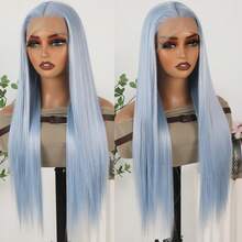 13X4 Free Part Blue Lace Front Wigs 26 Inch Pre Plucked Long Straight Hair Wigs Glueless Soft Light Blue Colored Wigs Heat Resistant Long Blue Straight Synthetic Lace Front Wigs For Fashion Women For Daily Christmas Party Cosplay Use - 霧霾藍 - 查看 2