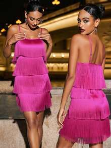 Basrey Glamine 分层流苏边缎面吊带连衣裙适合鸡尾酒会、舞会、单身派对舞会礼服、女士度假装、海滩度假装、女士性感俱乐部装