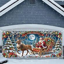1 pieza Bandera de puerta 2D, Bandera navideña - Escena de Santa Claus y trineo de renos con adornos coloridos, de poliéster duradero, ideal para decoración del hogar, exterior, jardín y comercial, decoración navideña exterior - 1 pieza - Ver 3
