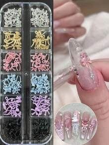 12pcs Cream Bow Nail Art Decorations, Cute White, Pink, Purple Bows With Bow Ribbons, Delicate French Style Nail Decor, DIY Rhinestone Nail Accessories, Nail Salon Supplies, Nail Art Jewelry, Nail Gems