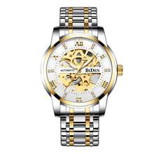 BIDEN Mechanische Herrenuhr, modische automatische mechanische Business-Uhr, ausgehöhltes leuchtendes Zifferblatt, Edelstahlarmband, wasserdichte mechanische Herrenuhr