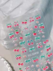 1 樱桃蝴蝶结指甲贴，5D浮雕立体甜美樱桃蝴蝶结指甲贴纸 Y2K 风格 DIY 美甲用品 - 彩色 - 查看 5