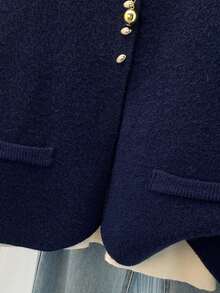 Women's Navy Knit Waistcoat - French Chic Button Front Vest With Pocket, Soft Stretch For Layering