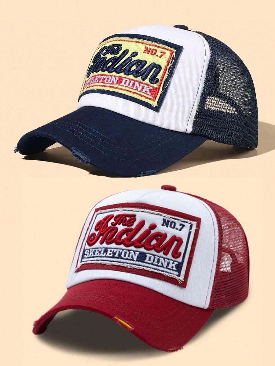 2 件男女通用户外休闲可调节尺寸四季字母贴片网眼卡车司机帽，适合日常搭配 - 藏青色+酒紅色 - 查看 1