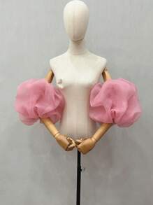 1 双白色欧根纱泡泡袖云朵袖，带弹性袖口，新娘短袖袖口