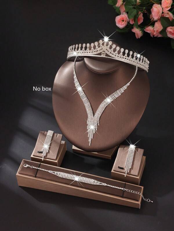 1 Set de corona nupcial y accesorios de moda para boda, que incluye: 1 par de aretes con borlas, 1 collar en forma de V, 1 brazalete totalmente cubierto de rhinestones, 1 corona de novia con rhinestones brillantes, adecuado para uso diario, fiestas y eventos (múltiples opciones)
