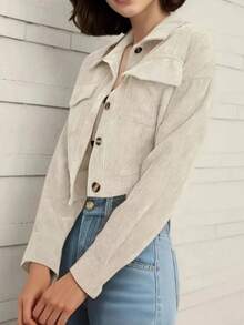 Women's Casual Elegant Corduroy Short Jacket, Drop Shoulder Design With Flap Pockets And Buttons