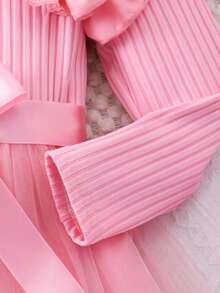 Toddler Girls' Long Sleeve Round Neck Frill Trim Ribbed Contrast Mesh Dress, Sweet & Cute, Versatile For Autumn/Winter - Pink - View 6