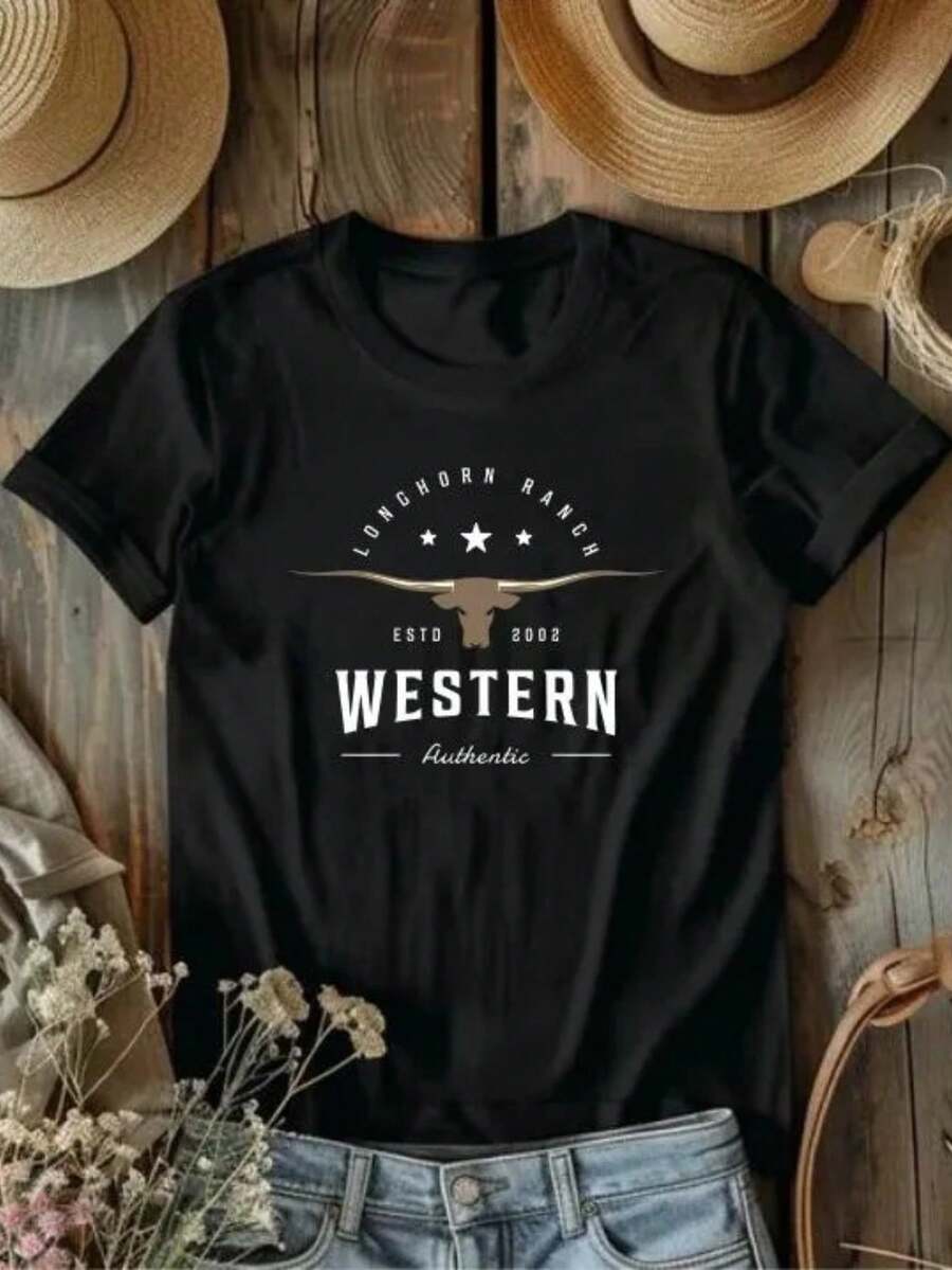 T-Shirt Women's Western Longhorn Printed T-Shirt 100% Cotton Shirt Free Fast Shipping - Black - View 1