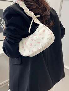 1 chiếc túi đeo vai thời trang mùa hè đa năng, họa tiết nơ, chất liệu vải nylon trắng, thiết kế dây rút, phù hợp sử dụng hàng ngày cho phụ nữ - trắng - Xem 4