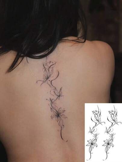 1pc Waterproof, Sweat-Resistant, Non-Reflective Temporary Tattoo, Y2K Floral, Butterfly & Vine Line Design, Realistic Temporary Tattoo Suitable For Fashion Enthusiasts