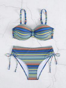Women's Two Pieces Swimwear Set, Retro Print, High Stretch Knit Fabric, Polyester 82% & Elastane 18%, Geometric Pattern, Drawstring Design, 195gsm Top, 130gsm Lining, Summer Beachwear Vacation - Royal Blue - View 5