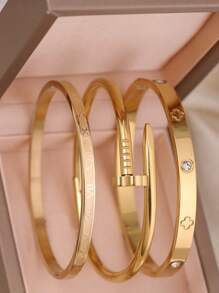 3pcs/1pc Fashion 18K Gold Plated Stainless Steel Four-Leaf Clover Nail Bracelet, Suitable For Women's Party, Daily Wear, European And American Style, Personalized, Generous, Luxury Cubic Zirconia Wristband, Wedding Jewelry Set, Gift For Girls, Women, Relatives, Friends, Beautiful Wedding, Birthday, Valentine's Day