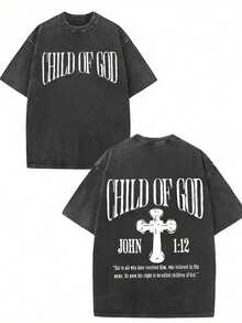 GLEC Child Of God, God Blesses You. Classic Retro Fashion Street Cross Jesus Popular Letter Pattern Print Boutique 230g Washed Cotton T-Shirt, Men's Summer High-Quality Printed Cotton Retro Fashion Retro Brand Loose, Soft And Comfortable Casual Multi-Color T-Shirt, Suitable For Outdoor Wear In Summer, With A Certain Thickness, Daily Wear And Friend Gifts, Back To School Gifts, Children's Gifts2025 - màu đen - Xem 1