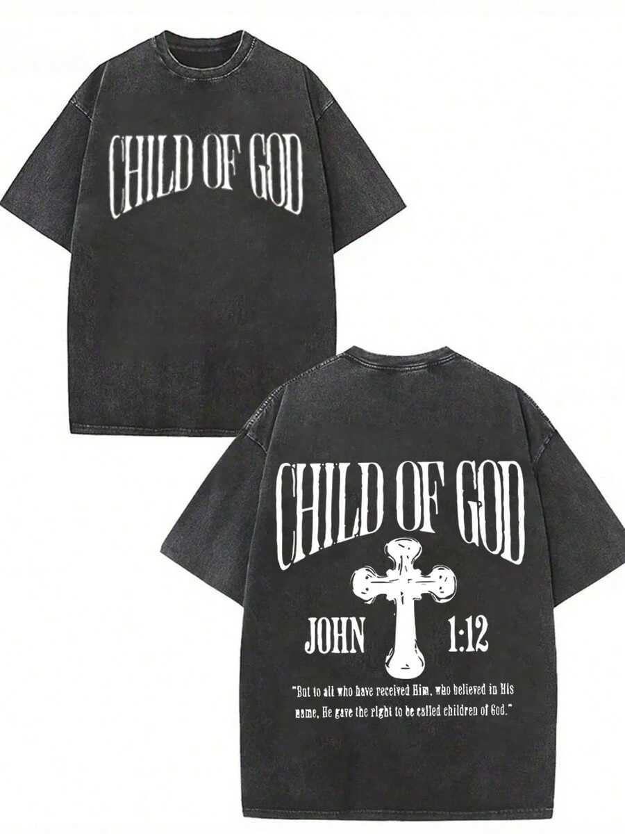 GLEC Child Of God, God Blesses You. Classic Retro Fashion Street Cross Jesus Popular Letter Pattern Print Boutique 230g Washed Cotton T-Shirt, Men's Summer High-Quality Printed Cotton Retro Fashion Retro Brand Loose, Soft And Comfortable Casual Multi-Color T-Shirt, Suitable For Outdoor Wear In Summer, With A Certain Thickness, Daily Wear And Friend Gifts, Back To School Gifts, Children's Gifts2025 - màu đen - Xem 1