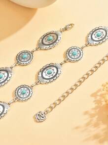 1 件复古时尚银色绿松石雕花腰带链，个性化精致金属链椭圆形亮片腰链，适合女性日常和派对穿着