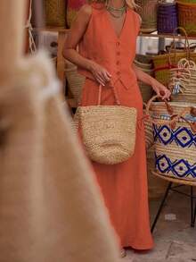 女士纯色优雅背心半裙高端时尚夏季套装 - 橘紅色 - 查看 5