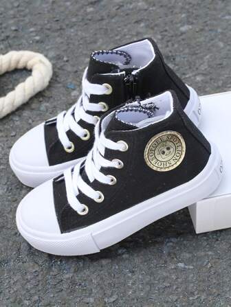 OPOEE White Canvas Shoes, Mid-Top Sneakers, Children's Canvas Shoes, Spring/Autumn Korean Style, Simple Design, Boys/Girls Shoes, Fashion Low-Top Casual Lace-Up Athletic Shoes, Classic Low-Top Canvas Shoes, Casual Sports Skateboard Children Shoes