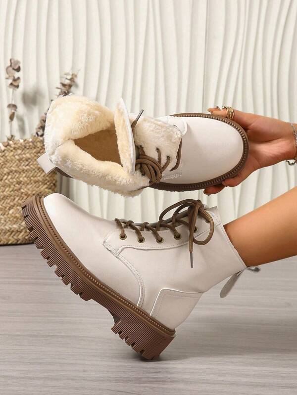 2025 Winter New Women's Shoes, Warm Women's Boots, Fashion Versatile Casual Women's Shoes, Leather Ankle Boots, Black & White Short Boots, Lace-Up & Side Zipper Women's Boots