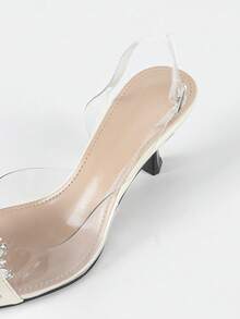 Sandalias de tacón medio con tira transparente y puntera con adorno de cristal elegante para mujer, versátiles para ocasiones formales y casuales, primavera/verano, blanco - Blanco - Ver 8