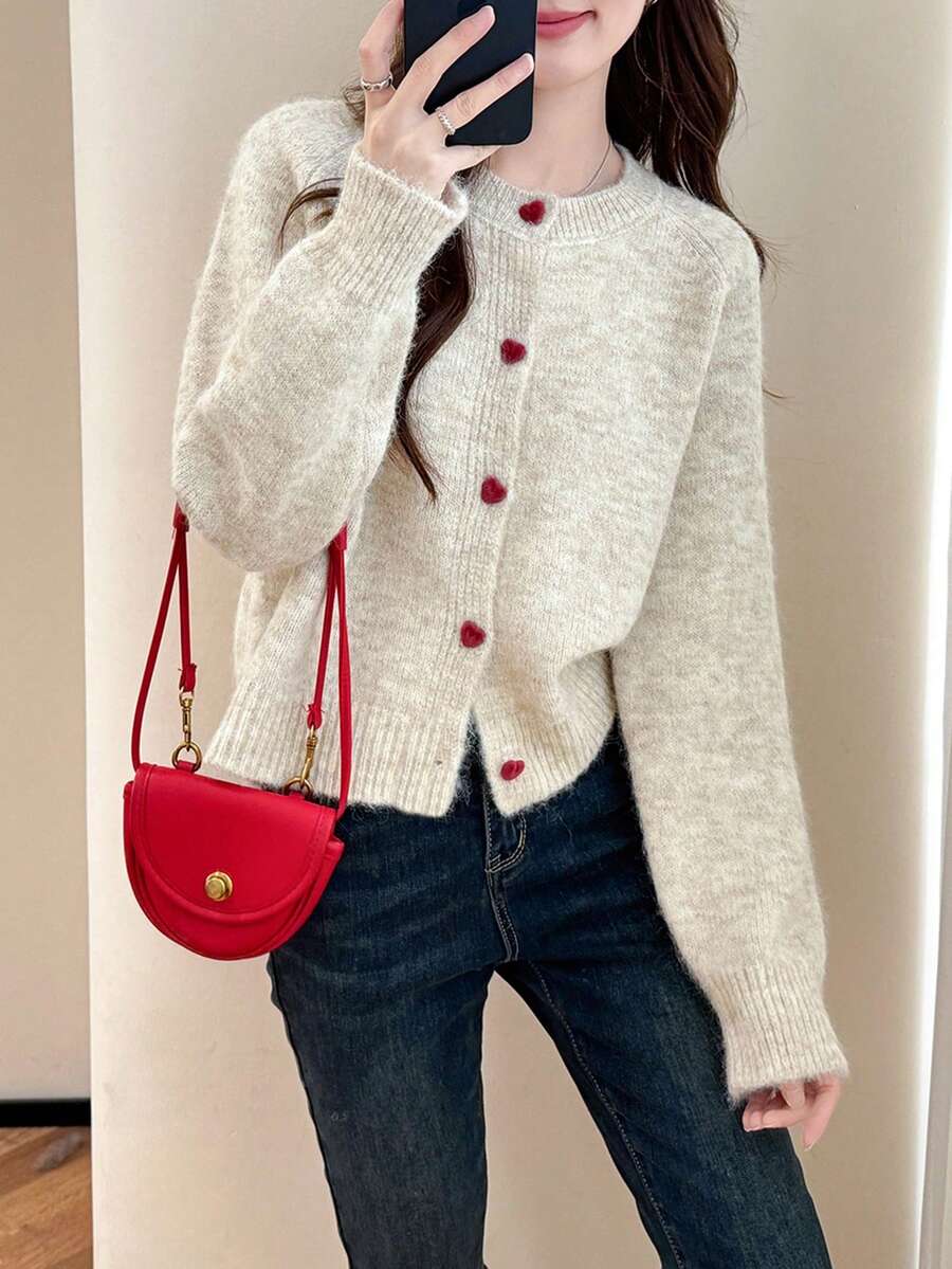 Women's Colorblock Heart Button Crew Neck Cardigan, Autumn/Winter - Beige - View 1