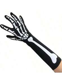 Halloween Skeleton Long Gloves, Horror Performance Bar Party Costume Prop Bone Gloves