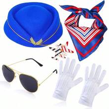 Bộ 5 món mũ tiếp viên hàng không theo chủ đề ngày lễ, khăn quàng cổ, trâm cài, găng tay, kính, phụ kiện trang phục tiếp viên hàng không cổ điển, bộ trang phục tiếp viên thanh lịch, halloween - Nhiều màu - Xem 23