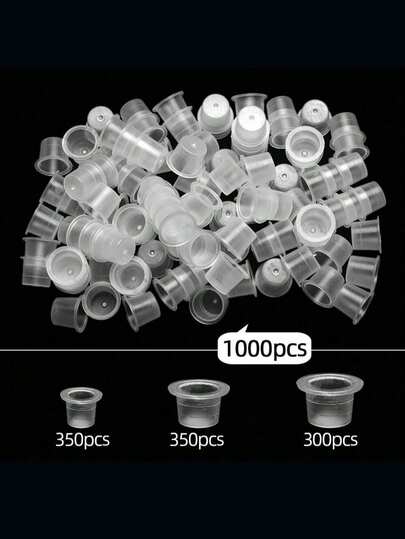 1000个/包 一次性纹身墨水杯，透明颜料容器带盖，塑料材质，S、M、L码混合装，永久化妆纹身配件