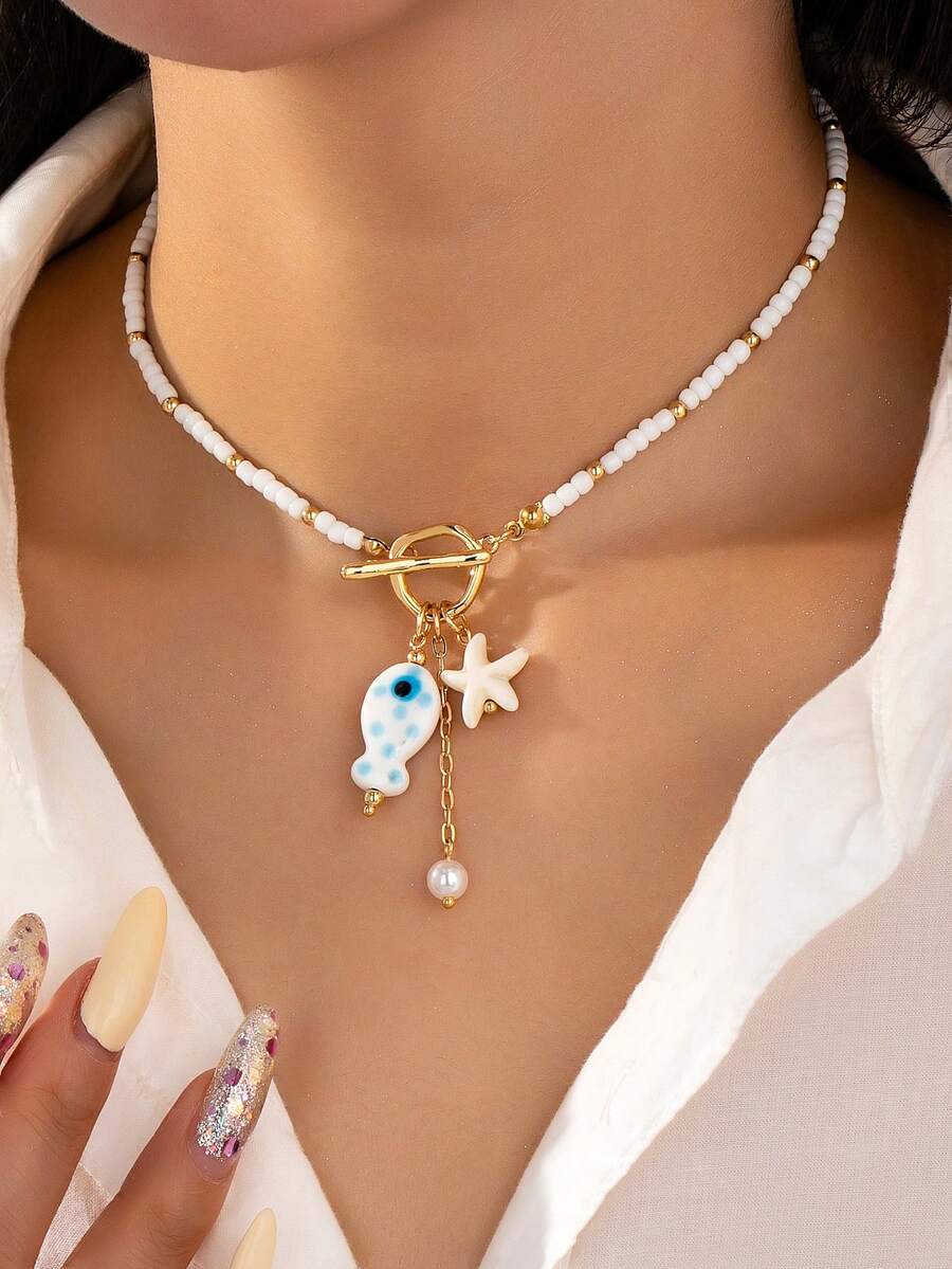 1pc Handmade Summer Ocean Bohemian Style Seed Beads Fish Starfish Charm Necklace, Buckle Closure Necklace With Sea Creature Pendant, Vacation Vibes Women Boho Jewelry (Color And Shape May Vary) - Multicolor - View 1