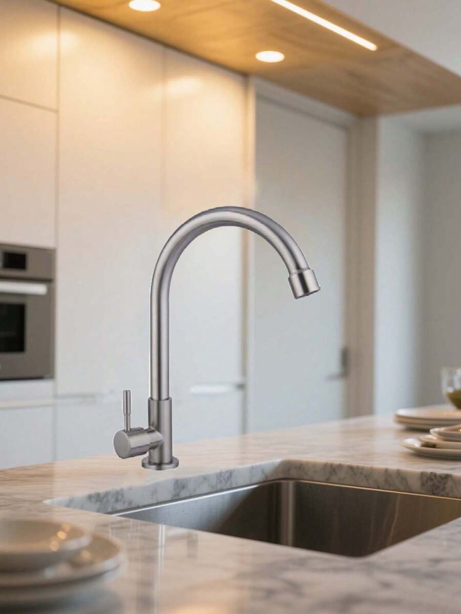 Clásica Llave Individual de Acero Inoxidable, Grifo de Agua Fría para Fregadero, Cuello de Salida de Agua en Arco Giratorio 360°, Aplicable para Lavabos de Baño y Fregaderos de Cocina - Plateado - Ver 1