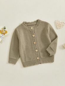 Cárdigan de manga larga para niños pequeños, informal, con cierre de botones, liso, cálido, para invierno, para niñas y niños - Verde - Ver 2