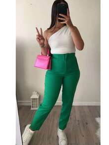 Pantalón Pinza  Liso    Elegante  Casual    Tela    Cremallera  Bolsillo    Pinza   Formal y de noche - Verde - Ver 2