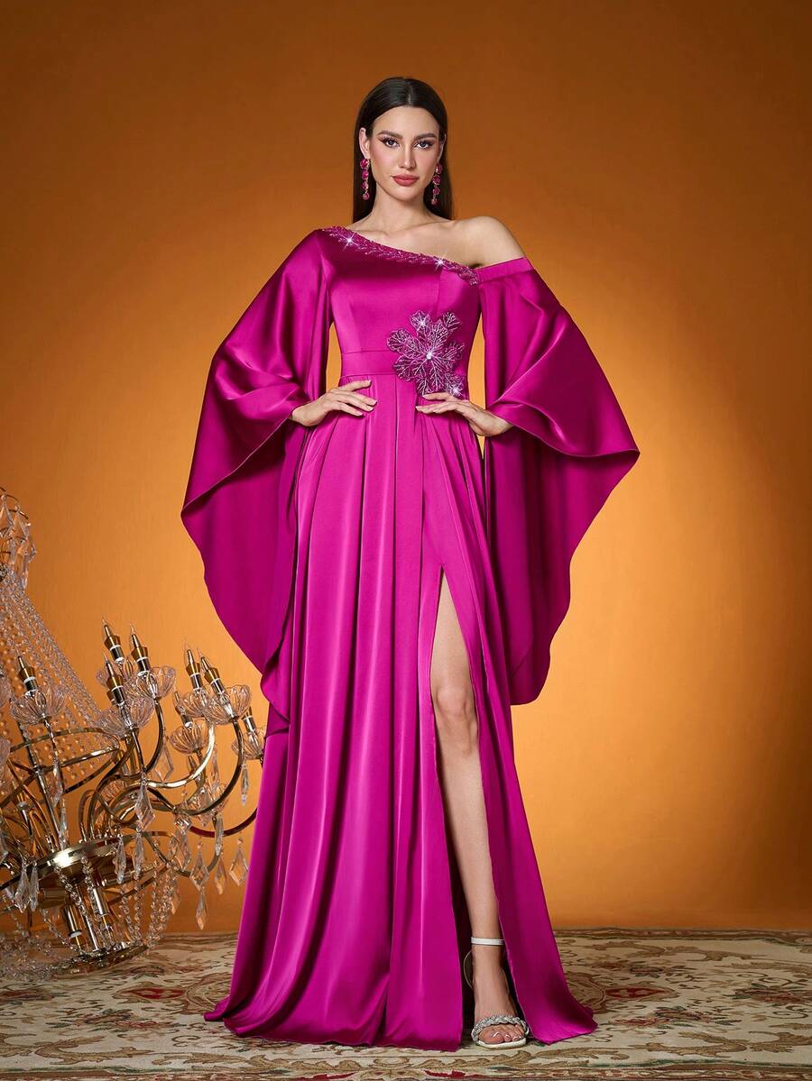 Elegante, Nova Chegada, Um Ombro, Elegante, Vestido de Baile, Floral 3D, Fenda Alta, Manga Babada, Cetim, Vestido Longo, PARA, Baile de Formatura, Casamento, Vestido de Festa, Vestido de Convidada de Casamento, Vestido de Noite