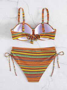 Women's Two Pieces Swimwear Set, Retro Print, High Stretch Knit Fabric, Polyester 82% & Elastane 18%, Geometric Pattern, Drawstring Design, 195gsm Top, 130gsm Lining, Summer Beachwear - Multicolor - View 2