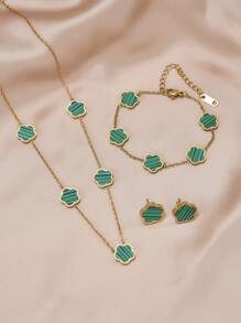 4pcs Stainless Steel 5-Petal Flower Jewelry Set: 1pc Necklace + 1pc Bracelet + 2pcs Earrings, Elegant Fashion Accessories For Women Valentines,Mom,Mother,Mother's Day,Gift