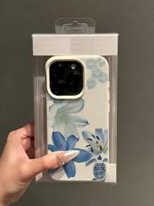 1 pieza Funda de teléfono con textura blanco, diseño minimalista de tortuga marina azul y patrón floral, compatible con iPhone 16 Pro Max, 15/14 Plus, 13, 12, 11, resistente al agua, a los golpes y a los arañazos