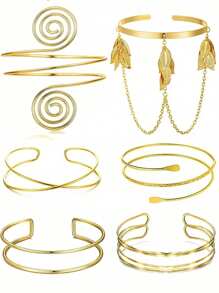 6pcs Women's Adjustable Coil Swirl Leaf Armband Bracelet, Minimalist Sleeve Cuff Bracelet